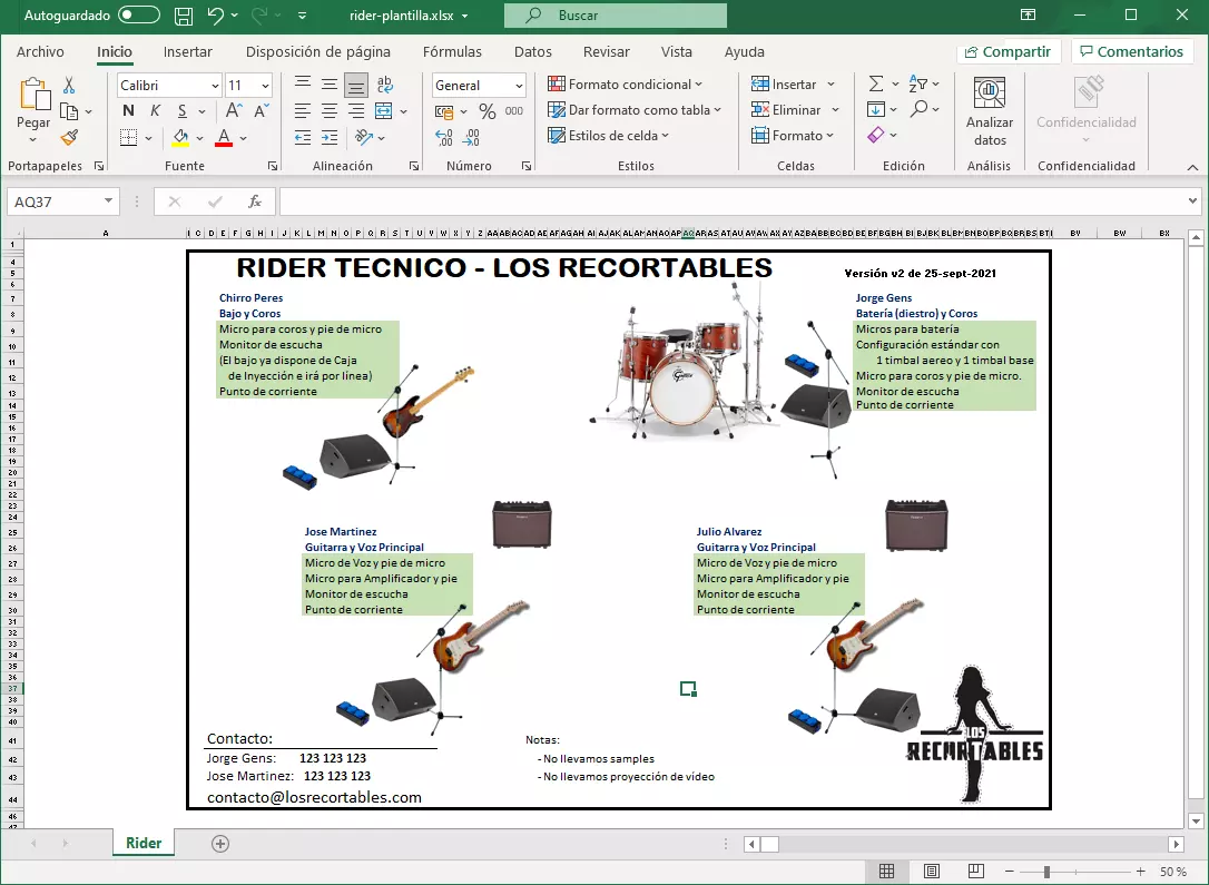 Crear un rider técnico con Excel
